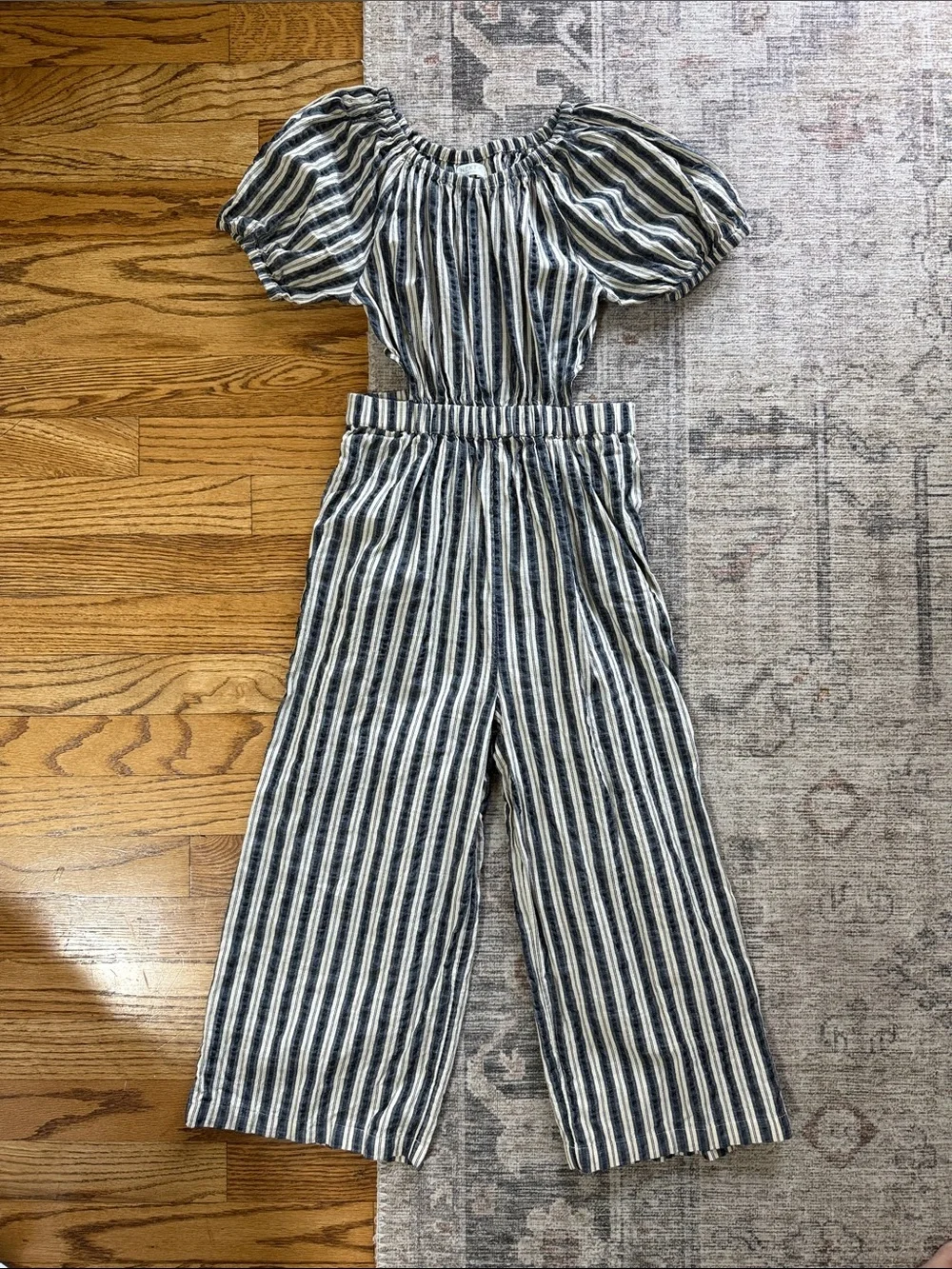 next Navy, White & Cream Striped Off-Shoulder Jumpsuit